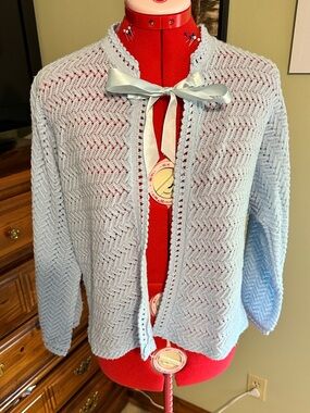 Light Blue Open-Knit Ribbon Tie Cardigan